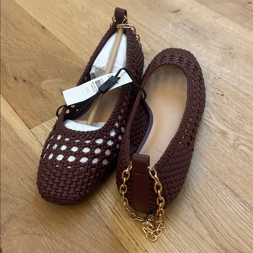 LOFT Burgundy Crochet Weave Flats with Gold Ankle Chain Detail.